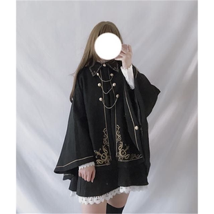 日系原宿学院风秋冬少女暗黑lolita歌特刺链子绣翻领斗篷大衣外套