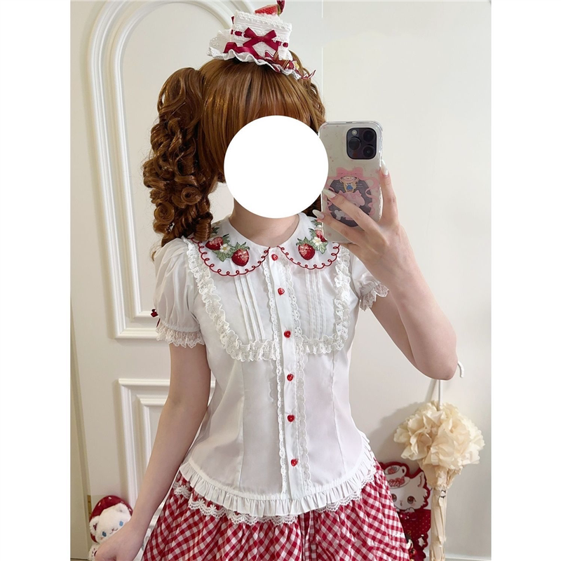 草莓园内搭lolita日系甜系呲甜洛丽塔娃娃领甜美减龄短袖上衣