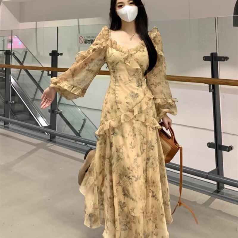 现货速发2025春装法式优雅碎花连衣裙大码胖气质收腰温柔风长裙子