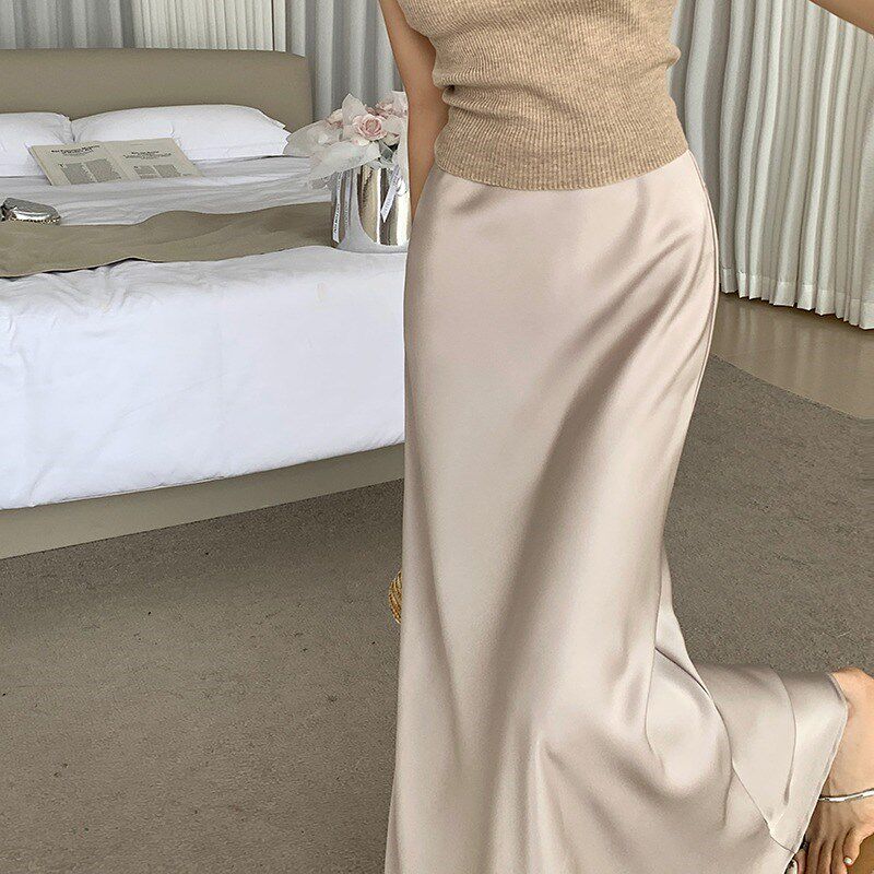 现货法式覆古醋酸缎面半身裙女2025新款夏款高腰T显瘦开 叉包
