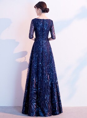 速发蓝色亮会妈妈晚礼服高级感宴质高端气片主持人大合唱