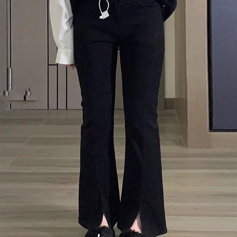 速发黑色开叉微喇牛仔裤早春装大码高腰遮胯直筒裤小个子裤