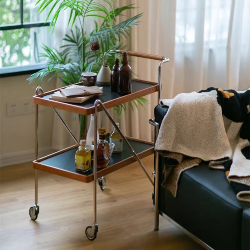 速发复古客木动推车简约沙发边几可移小茶几家用实厅餐边柜收纳置