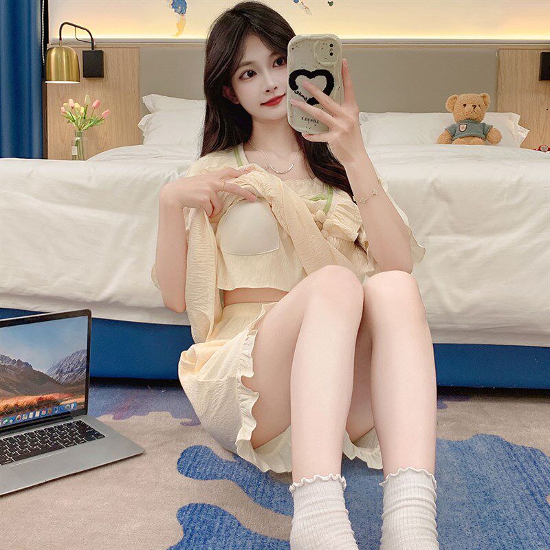 速发带胸垫睡衣夏款2024新款甜美可爱可外穿夏季薄款士家居服套装