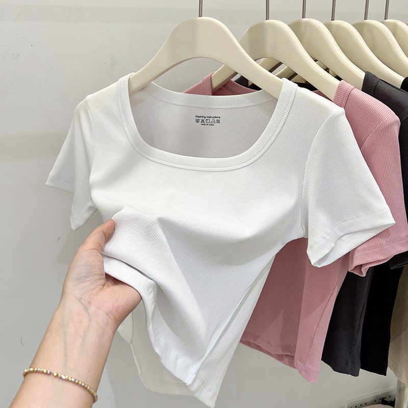 速发纯货露锁骨欧棉t恤衣季新款洋气别致小衫方领短款上夏潮