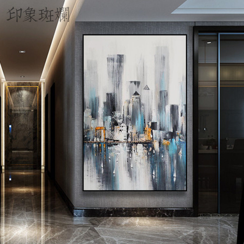 速发纯手绘油画 印象纽约 现代简约轻奢美式城市建筑样板房电表箱