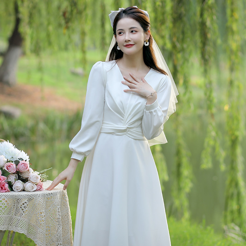 速发领证小白裙日常裙子登侣平记装轻婚纱订婚礼服情时可穿法式连