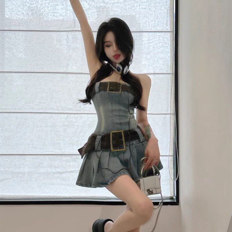 速发大码复短抹胸纯仔裙牛欲风裙子春夏气质收腰百褶古裙辣妹连衣