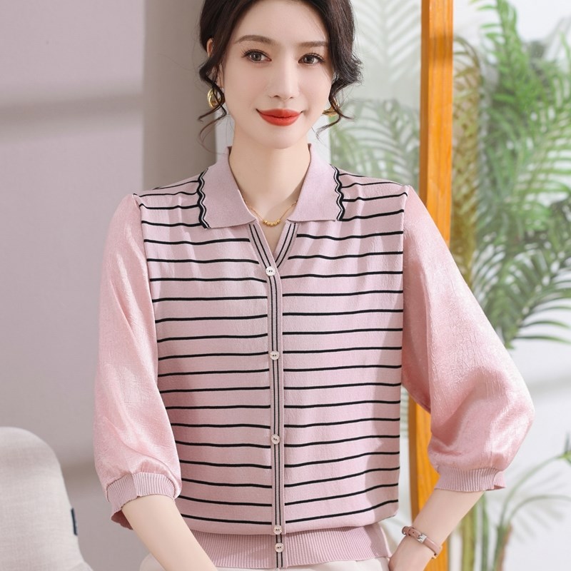速发洋气妈春装妈秋小衫翻领条纹T恤套装中老年春季打底衫上衣