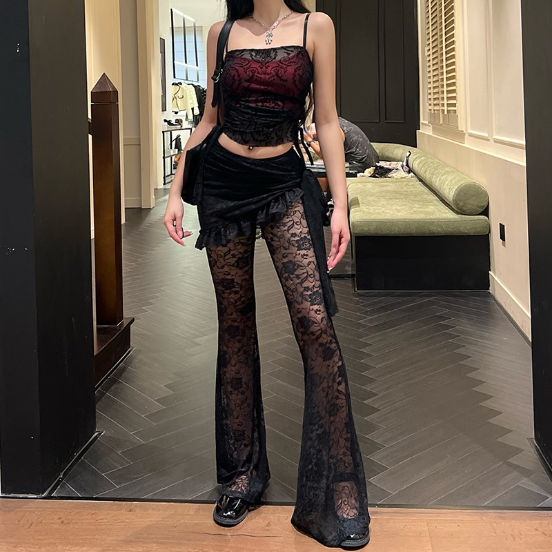 现货速发圣节服装哥特heels穿搭舞服黑色套装辣妹吊带蕾丝围裙裤