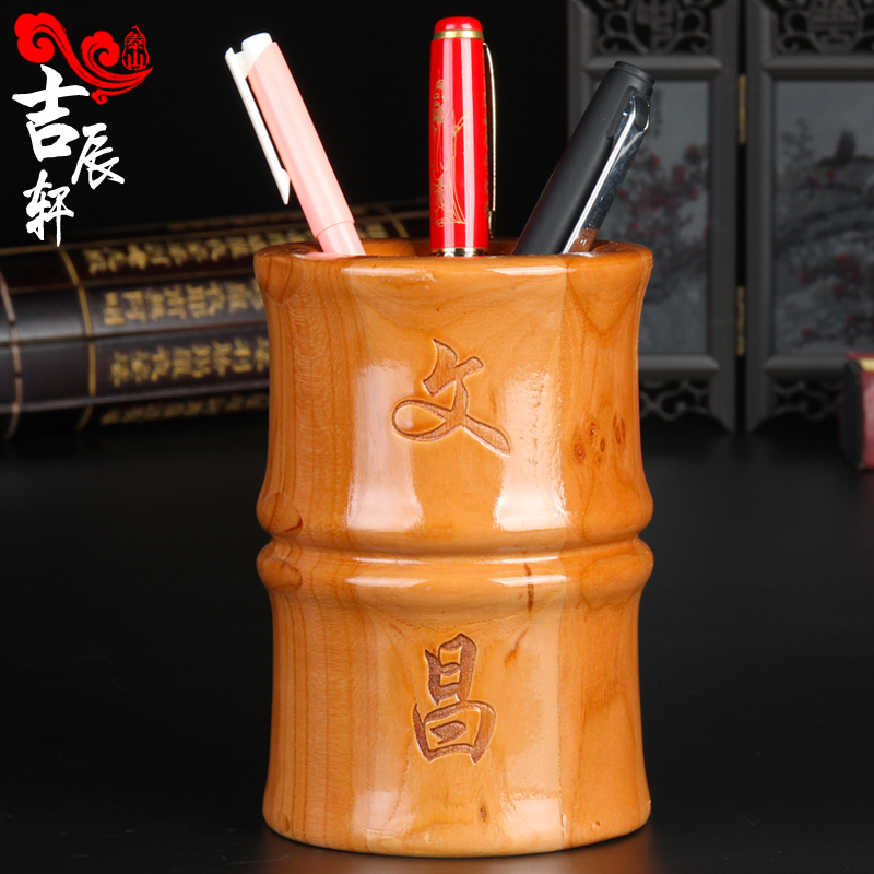 速发桃木木笔筒工复品毛笔摆件木雕刻实木木式桃中质艺古办公桌创