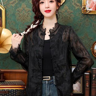 速发新中式盘扣蕾丝纱上衣防晒短外套外薄国开黑色轻搭风衫夏天