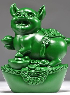 速发绿色木质福猪摆件十二生肖工合家物动居客厅创意摆设红木三艺