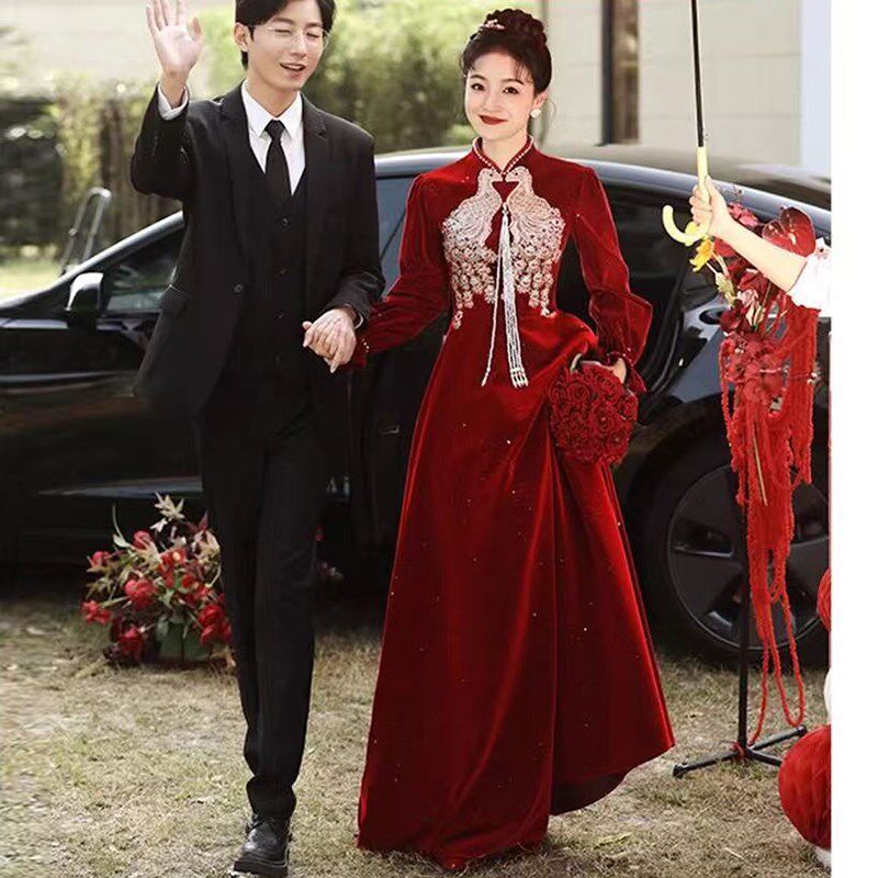 速发高级感大码孕妇新中式改良旗袍敬酒服新娘高腰结婚订婚宴礼服