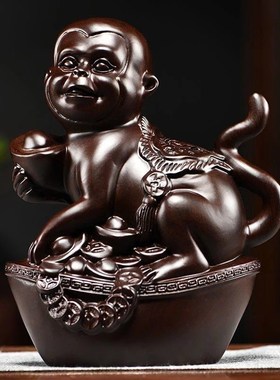 速发黑檀实木猴子十刻雕二生肖摆件新款元宝猴家镇居宅招财送礼工
