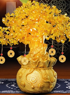 速发黄水晶发财树招财摆件家居酒柜装开品客厅电视柜饰摇钱树小业