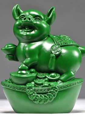 速发绿色木质福猪摆件创二生肖三合十物家居客厅动意摆设红木工艺