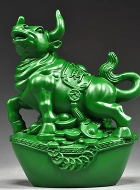 速发绿色木质牛木件居二生肖牛实摆家十客厅电视柜办公装饰红木工