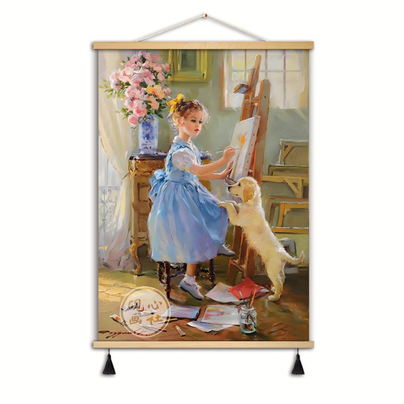 现货速发小画家小孩卧室俄罗斯人物油画儿童房小众装饰画欧式布艺图片