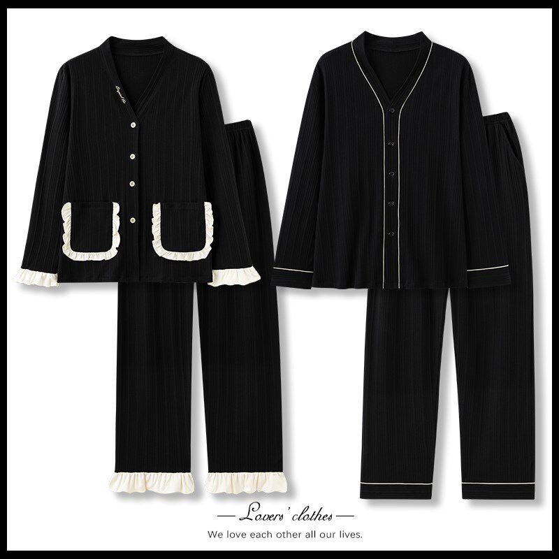速发情侣睡衣春秋款黑棉长袖和服开衫大码纯色可爱男居家服套装