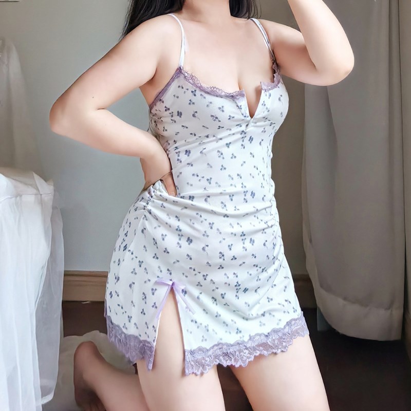 速发臀感睡衣夏大码v领纯欲开叉蕾丝包性吊带裙睡200斤