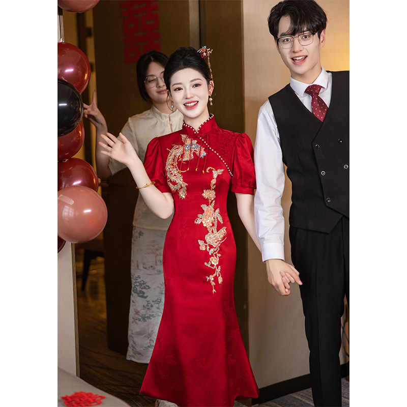 速发新中式鱼尾旗袍敬酒服订024新款新娘红色小个子刺绣阁出宴2婚