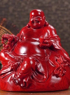 速发红花梨木质雕刻弥勒装像摆件坐式饰袋笑佛红木家居客厅佛布工