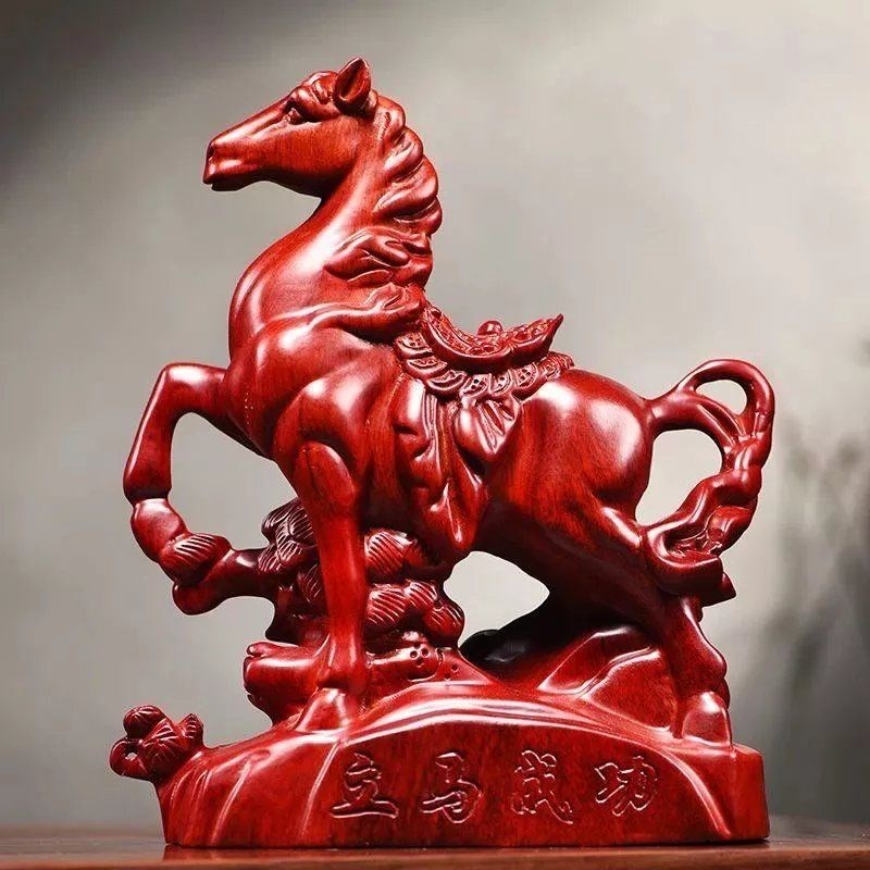 速发红花梨雕刻立马摆件实到十二生肖马木成功家房办公书居装饰工