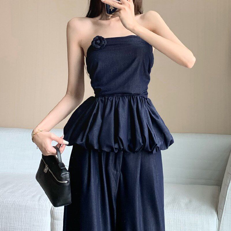 速发复古天丝牛仔阔腿裤套装夏季尚搭两整套时穿收腰花苞上衣一件