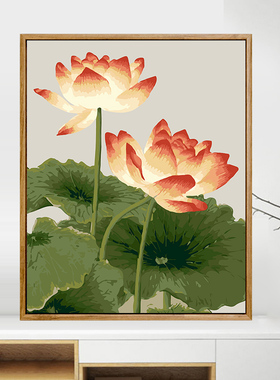 速发新中式荷花卉数手油画画画字工填油色彩画高级感丙烯填充画