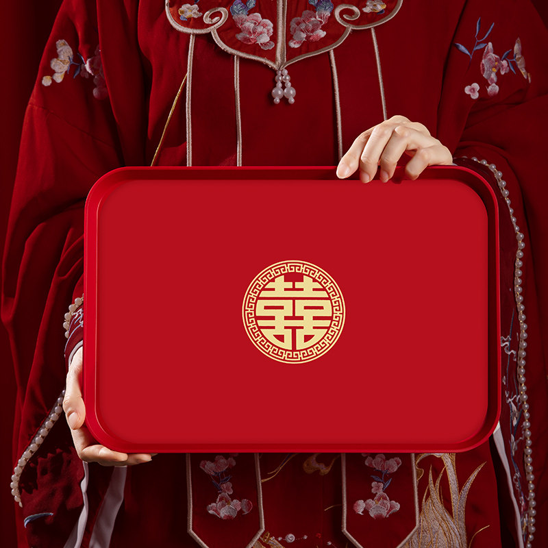 速发订婚喜庆果盘盘客厅红色摆台托盘婚礼用大喜盘婚子庆用品的全