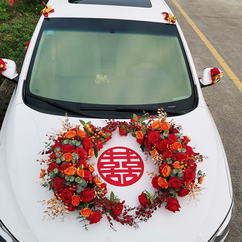 速发中国风式主婚车装饰用品套装金橘红车头花结婚花车创意仿真布