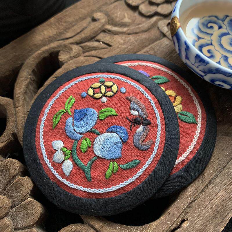 清代粉扑杯垫手工DIY刺绣中国传统中国风老绣绣花教学材料包套件