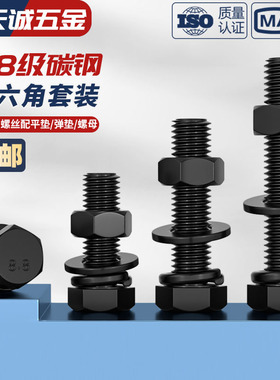 套装8.8级黑色外六角螺丝螺母u高强度平垫弹垫组合螺栓M6M8M10-M3