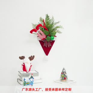 圣诞门装饰品挂饰 红白条纹精灵腿 红绿蝴蝶结配圣诞帽松柏叶插枝
