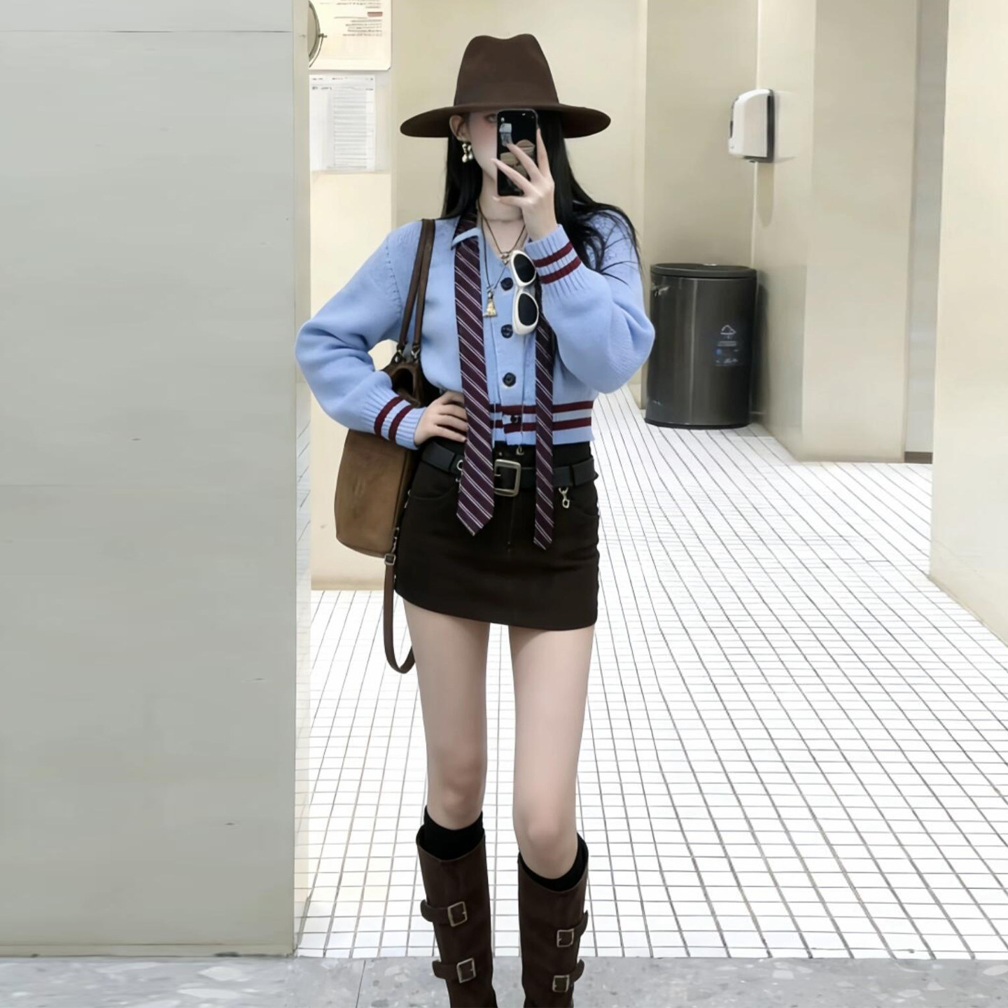 2026新款巨好看的冬装蓝色针织毛衣连衣裙子女秋冬季穿搭套装短裙