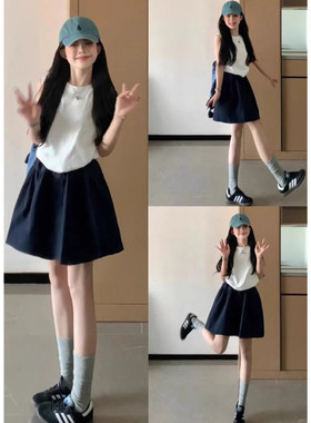 日系穿搭藏青色半身短裙2026夏季女a字学院风小个子藏蓝色伞裙子