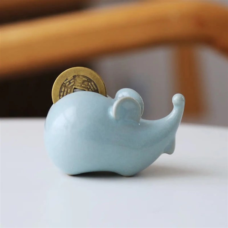 汝山明汝窑茶宠有钱生肖鼠t香插汝瓷摆件天青釉开片可养李可明创