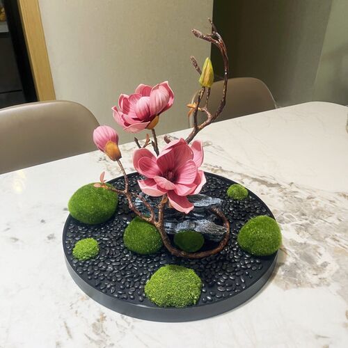 仿真花艺微造景观酒店圆形餐桌电动转盘I中间摆放装饰假山盆景盘