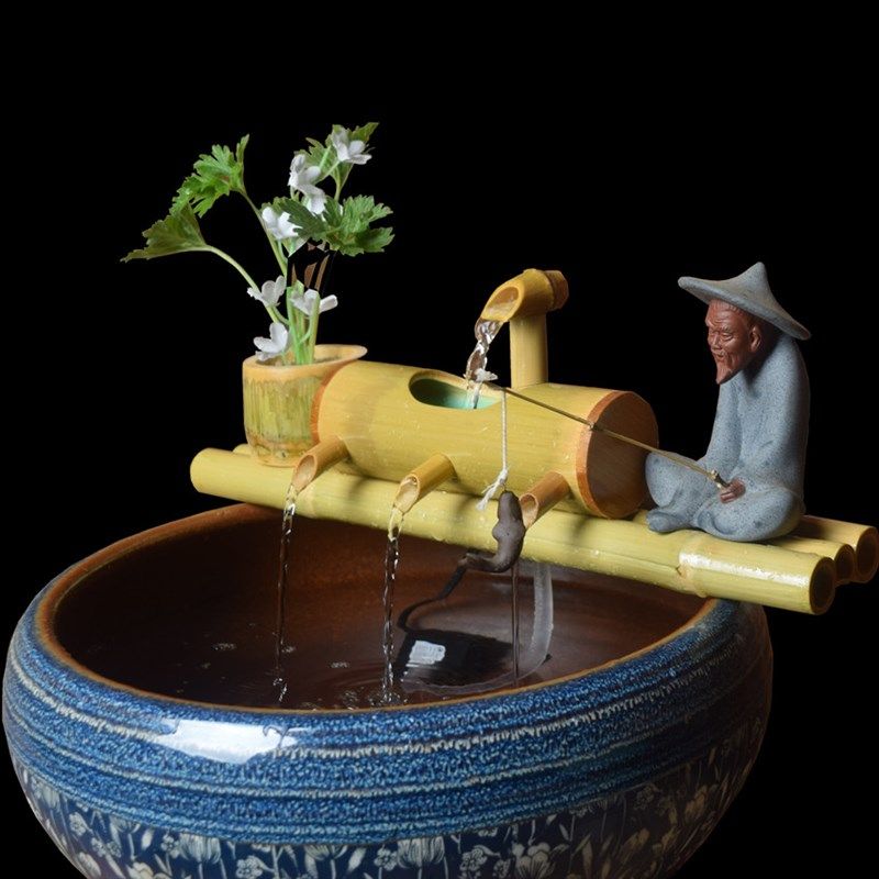 鱼缸过滤器竹子循环流水制氧客厅养鱼水缸池造景陶瓷X流水生财摆