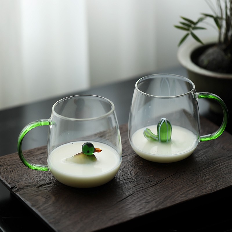 立体动物植物耐热玻璃水杯家用学生儿童牛奶Q杯果汁饮料杯带把手图片