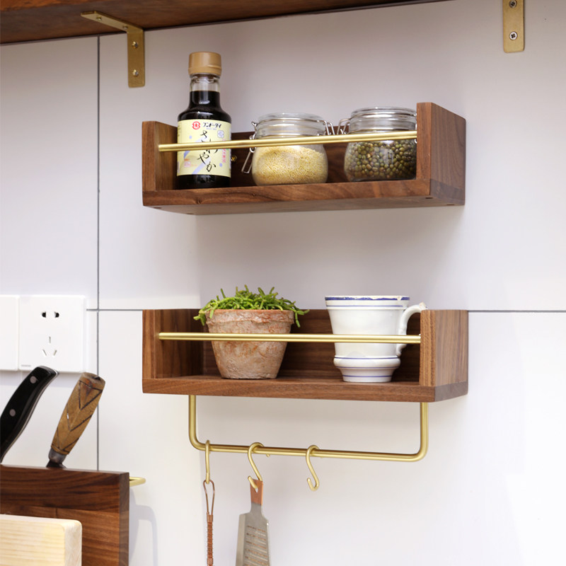 铜木厨房收纳置物架调味品实木壁挂G墙上调料架子挂壁黑胡桃橡木