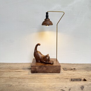 木雕小猫咪木质小k夜灯家居店内装饰品桌面创意礼品奶油原木风摆