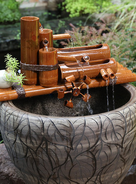 竹子筒流水器鱼缸鱼盆石槽养鱼循B环过滤喷泉风水轮车增氧加湿摆