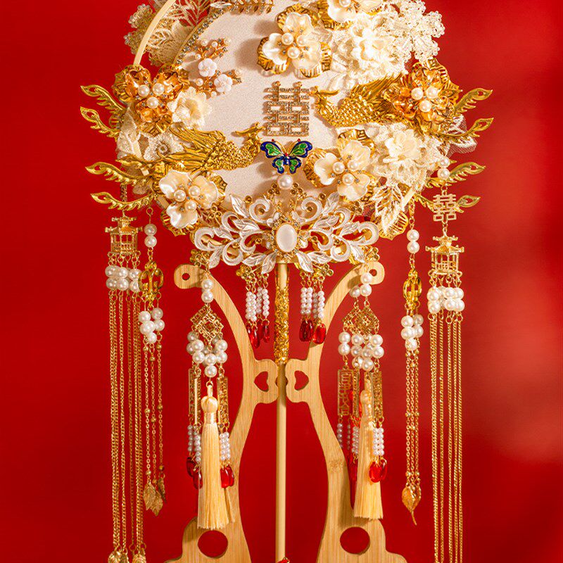 中式新娘结婚团扇出嫁秀禾服diyC材料包重工双面成品手工高级喜扇