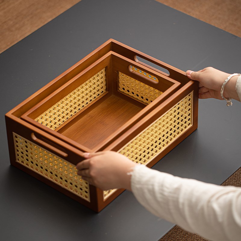 竹制藤编家具桌面收纳筐零食杂物化E妆品编织收纳蓝储物整理收纳