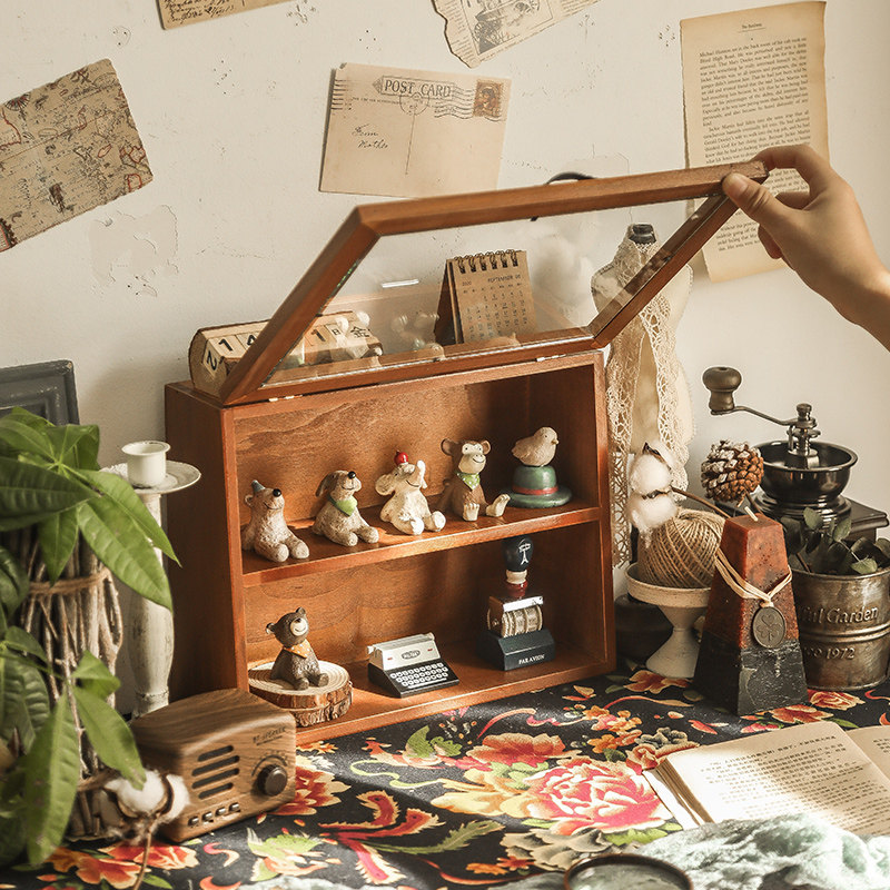 桌面马克杯子收纳盒玻璃s茶具展示柜化妆品置物架口红防尘木质带