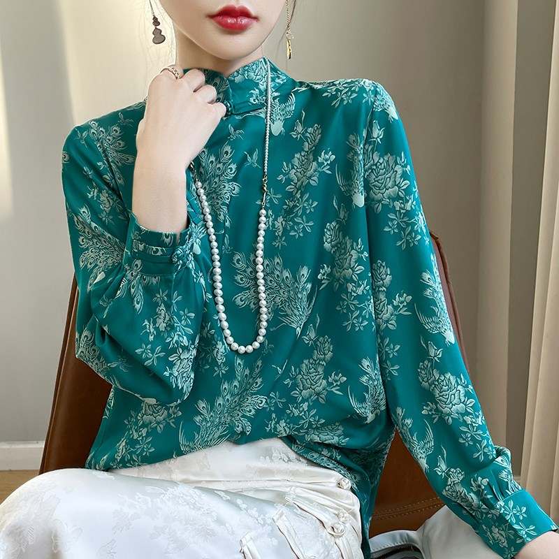 新中式国风缎面衬衫女提花复古盘扣立领时尚百搭上衣宽松气质打底