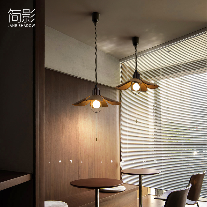 复古侘寂日式饭厅吊灯可升降餐桌灯具茶室书房民宿原木中古灯具
