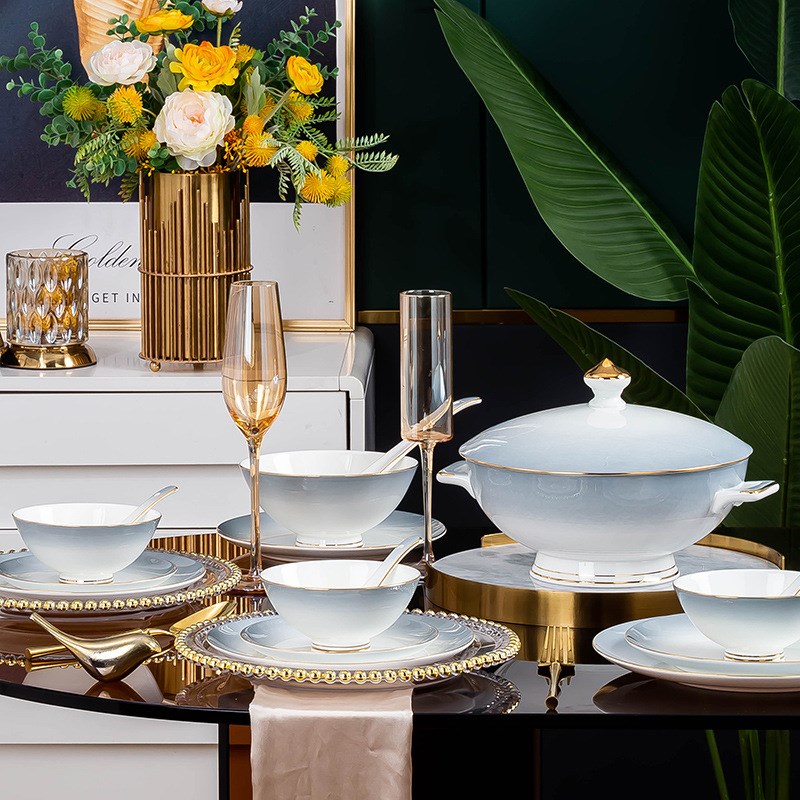 骨瓷碗碟套装中式极简景德镇陶瓷餐具渐变色骨瓷吃饭碗筷盘子组合